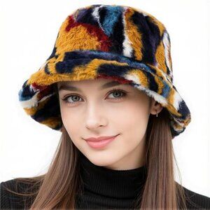 Winter Fluffy Faux Fur Multicolor  Bucket Hat for Women & Men Warm Cap